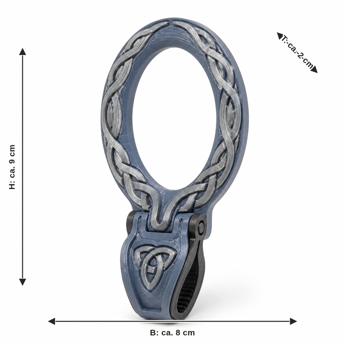 Dimensional image for Oval curtain ring with braid clip: width approx. 8 cm, depth approx. 2 cm, height approx. 9 cm