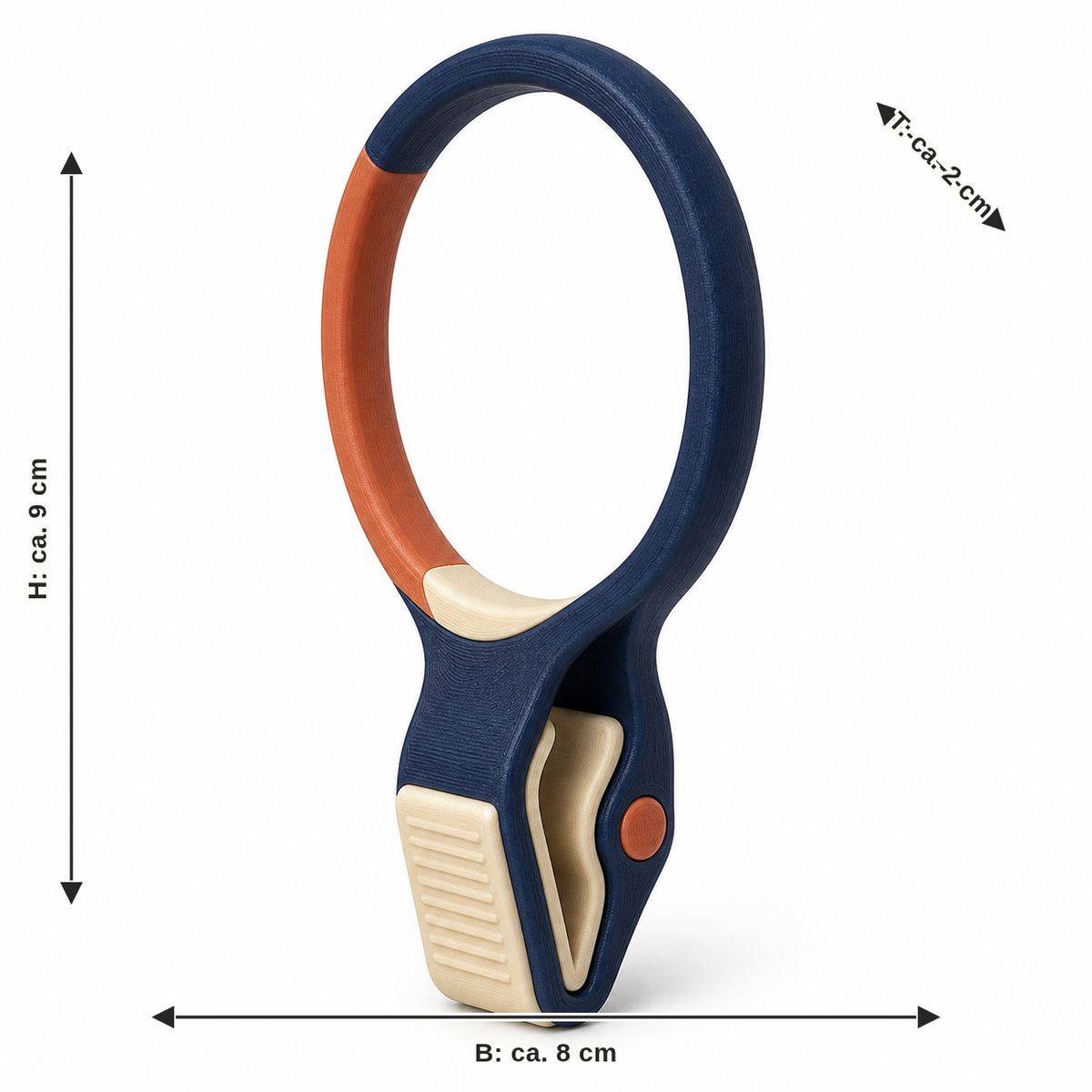 Dimensional image for Oval curtain ring with modern clip: width approx. 8 cm, depth approx. 2 cm, height approx. 9 cm