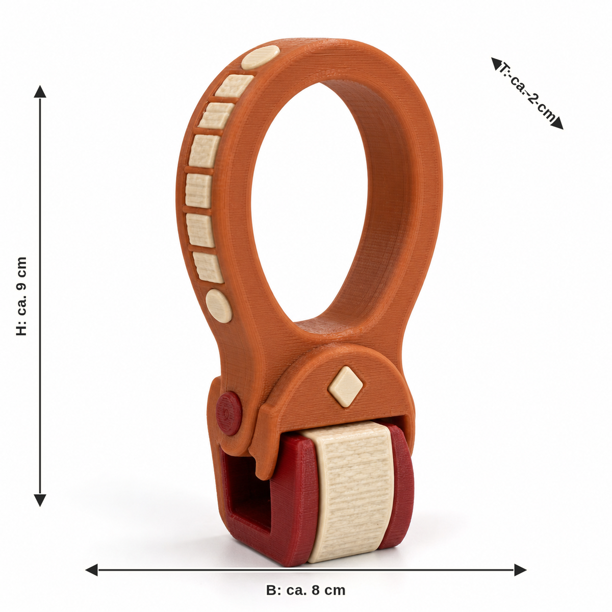 Dimensional image for Oval curtain ring with red clamp: width approx. 8 cm, depth approx. 2 cm, height approx. 9 cm