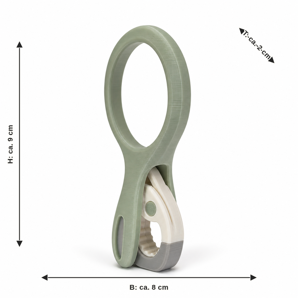 Dimensional image for Oval curtain ring with simple clamp: width approx. 8 cm, depth approx. 2 cm, height approx. 9 cm