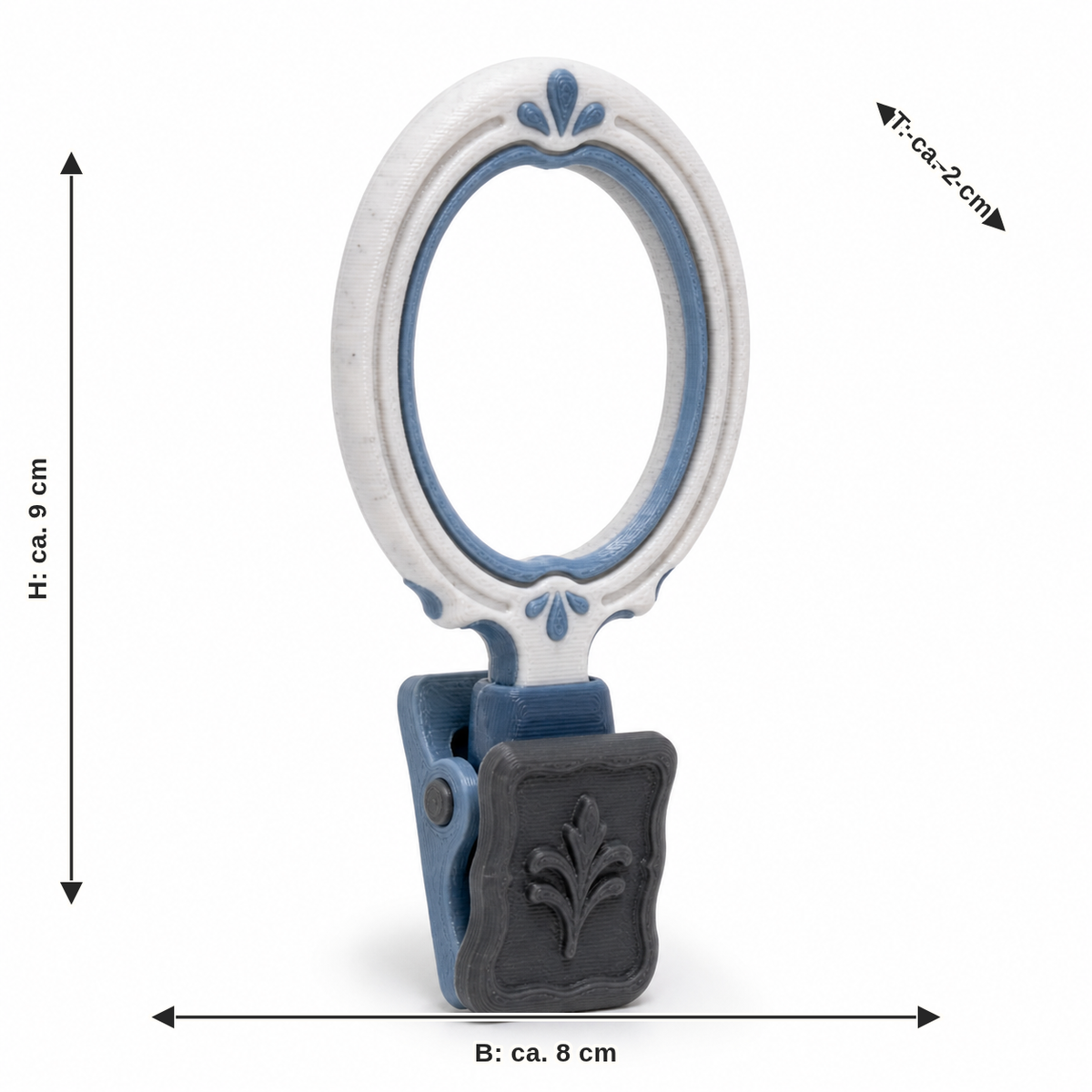 Dimensional image for Oval curtain ring with decorative clip: width approx. 8 cm, depth approx. 2 cm, height approx. 9 cm