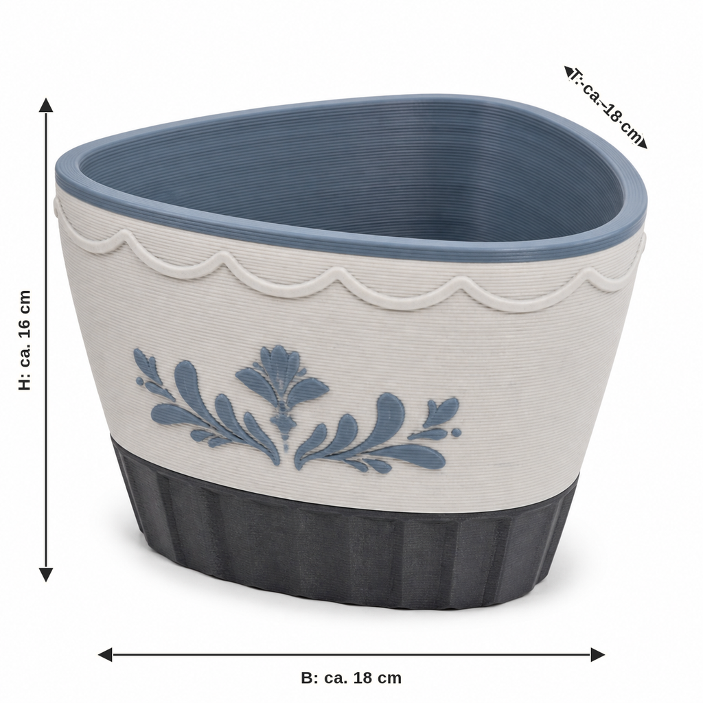 Dimensional picture for Oval plant pot with blue branch motif: width about 18 cm, depth about 18 cm, height about 16 cm