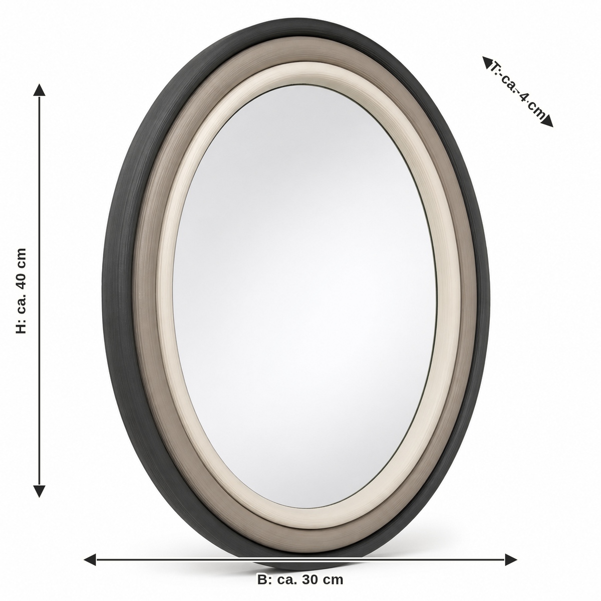 Maßbild für Ovaler Spiegelrahmen in Anthrazit und Creme: Breite ca. 30 cm, Tiefe ca. 4 cm, Höhe ca. 40 cm