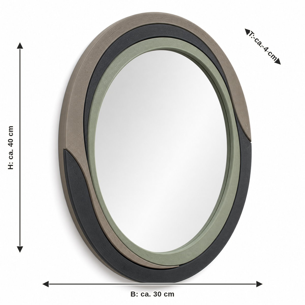 Measurement for Oval Mirror frames in taupe and sage: width approx. 30 cm, depth approx. 4 cm, height approx. 40 cm