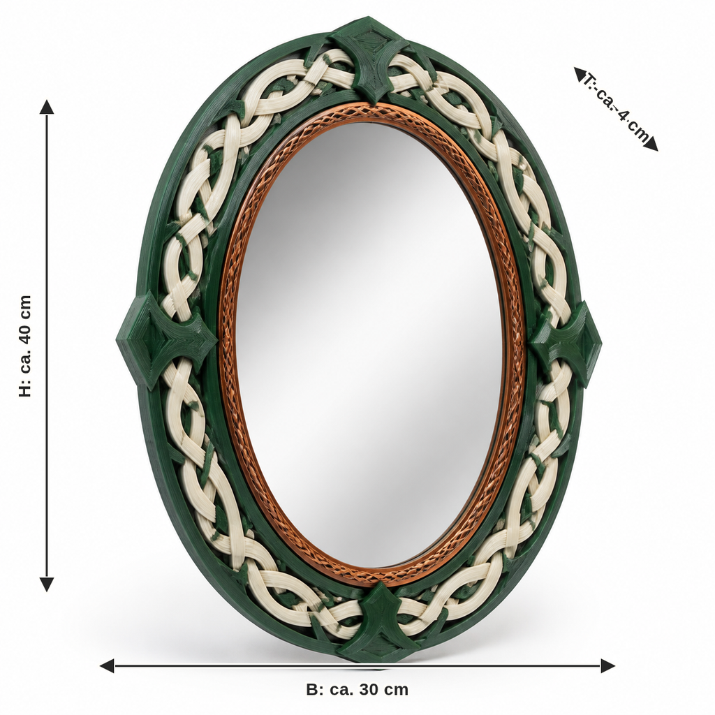 Dimensional image for Oval Mirror frames with bright endless knot: width approx. 30 cm, depth approx. 4 cm, height approx. 40 cm