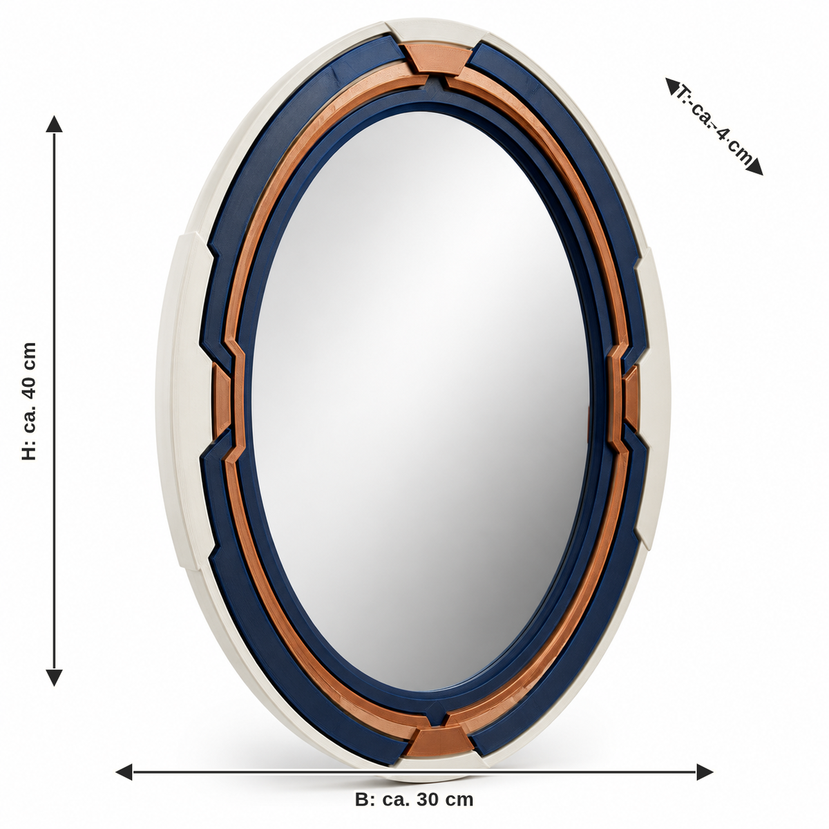 Dimensional image for Oval Mirror frames with copper accents: width approx. 30 cm, depth approx. 4 cm, height approx. 40 cm