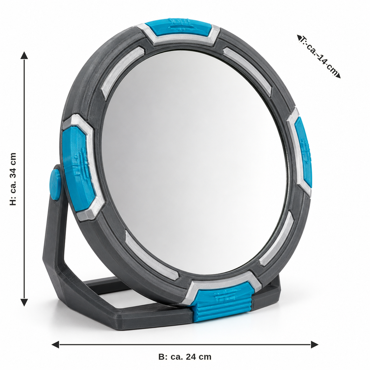 Dimensional image for oval standing mirror with cyan segments: width approx. 24 cm, depth approx. 14 cm, height approx. 34 cm