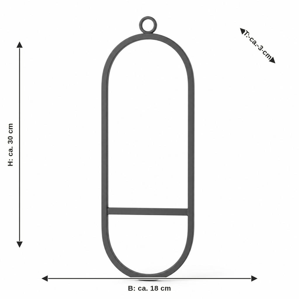 Maßbild für Ovaler Türhänger in Graphitgrau: Breite ca. 18 cm, Tiefe ca. 3 cm, Höhe ca. 30 cm