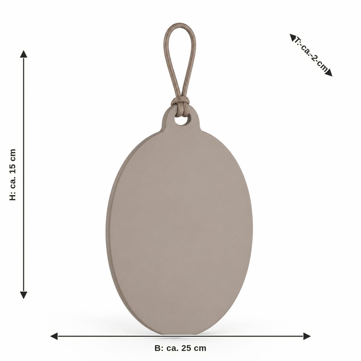 Measurement for oval blank hanging sign in taupe: width approx. 25 cm, depth approx. 2 cm, height approx. 15 cm