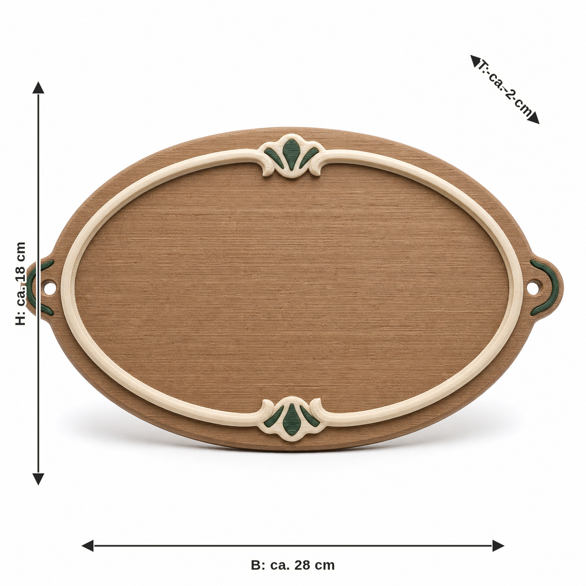 Dimensional image for oval wall sign with leaf accents: width approx. 28 cm, depth approx. 2 cm, height approx. 18 cm