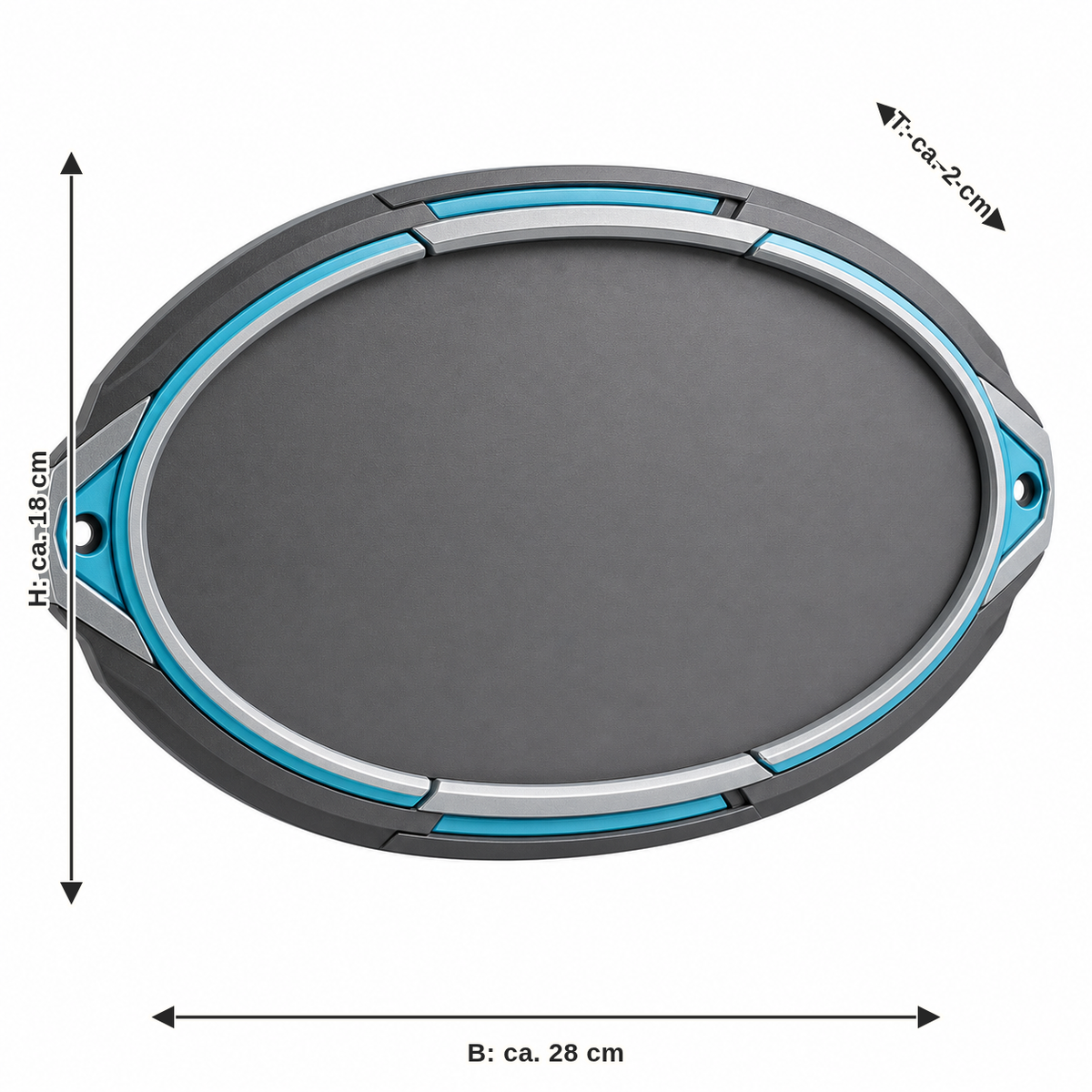 Dimensional image for oval wall sign with cyan frame: width about 28 cm, depth about 2 cm, height about 18 cm