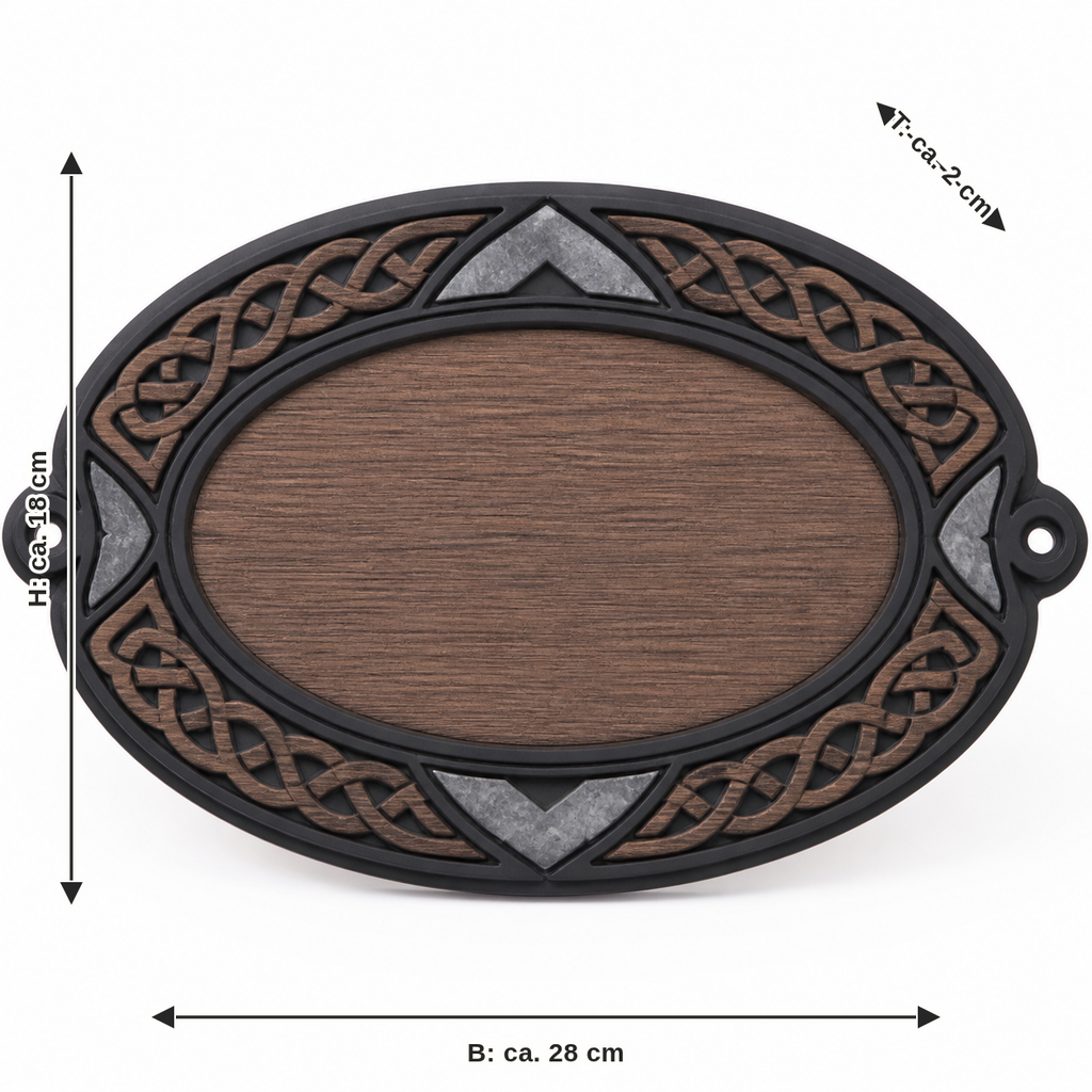 Dimensional image for Oval wall sign with braided ring: width approx. 28 cm, depth approx. 2 cm, height approx. 18 cm