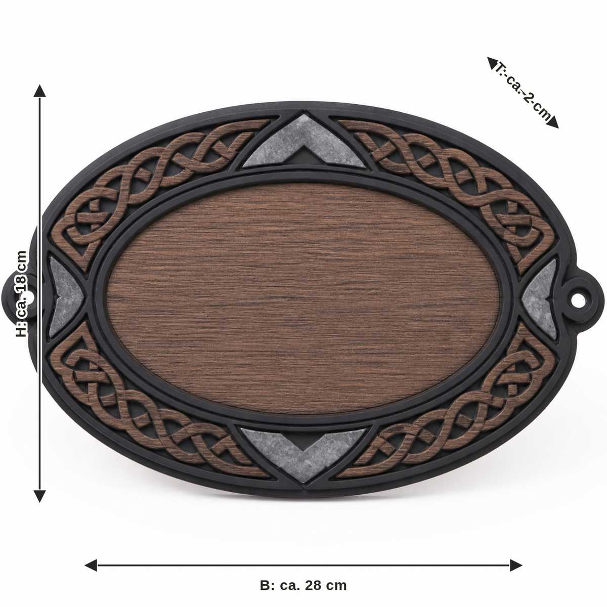 Dimensional image for Oval wall sign with braided ring: width approx. 28 cm, depth approx. 2 cm, height approx. 18 cm