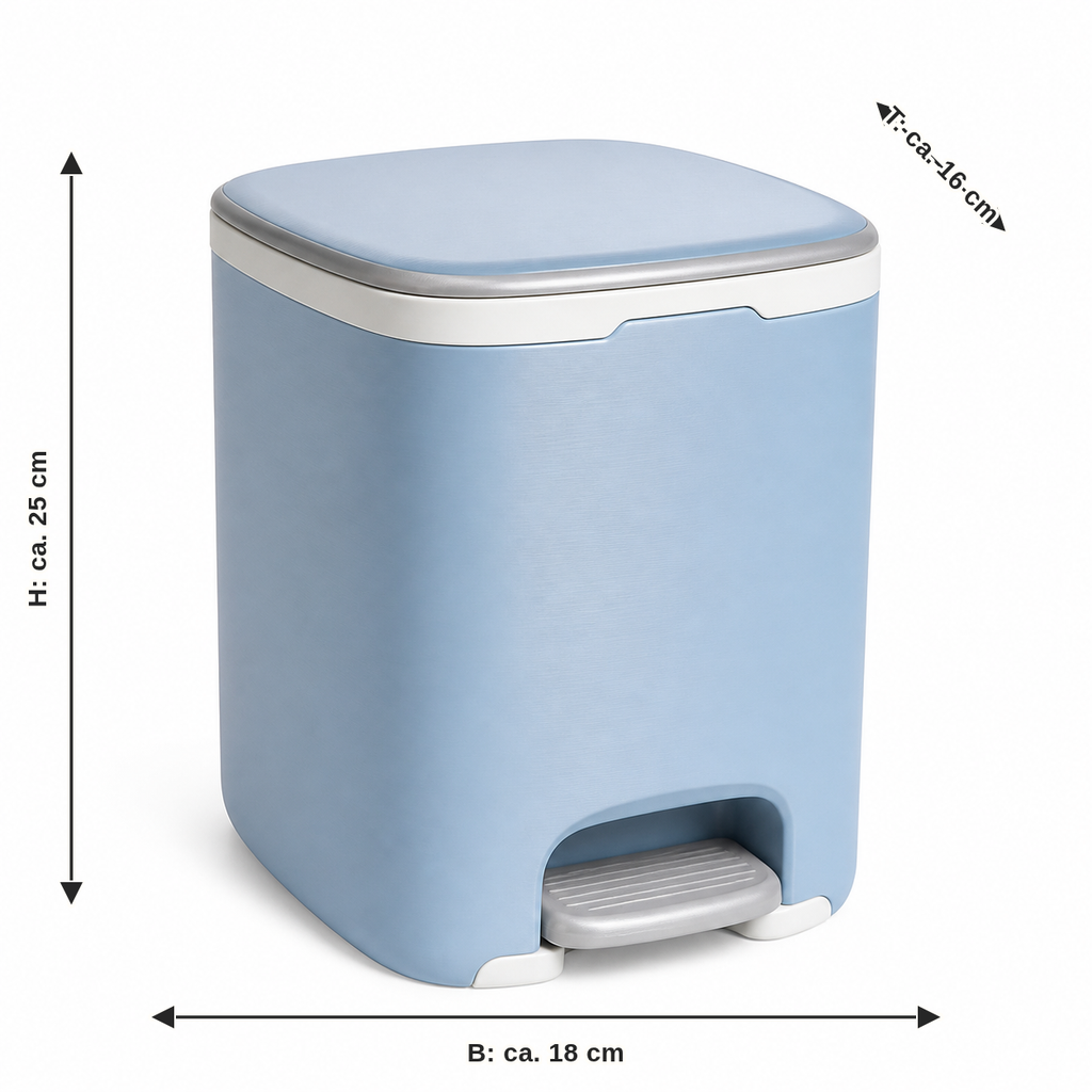 Measurement for pedal waste bin in soft sky blue: width approx. 18 cm, depth approx. 16 cm, height approx. 25 cm