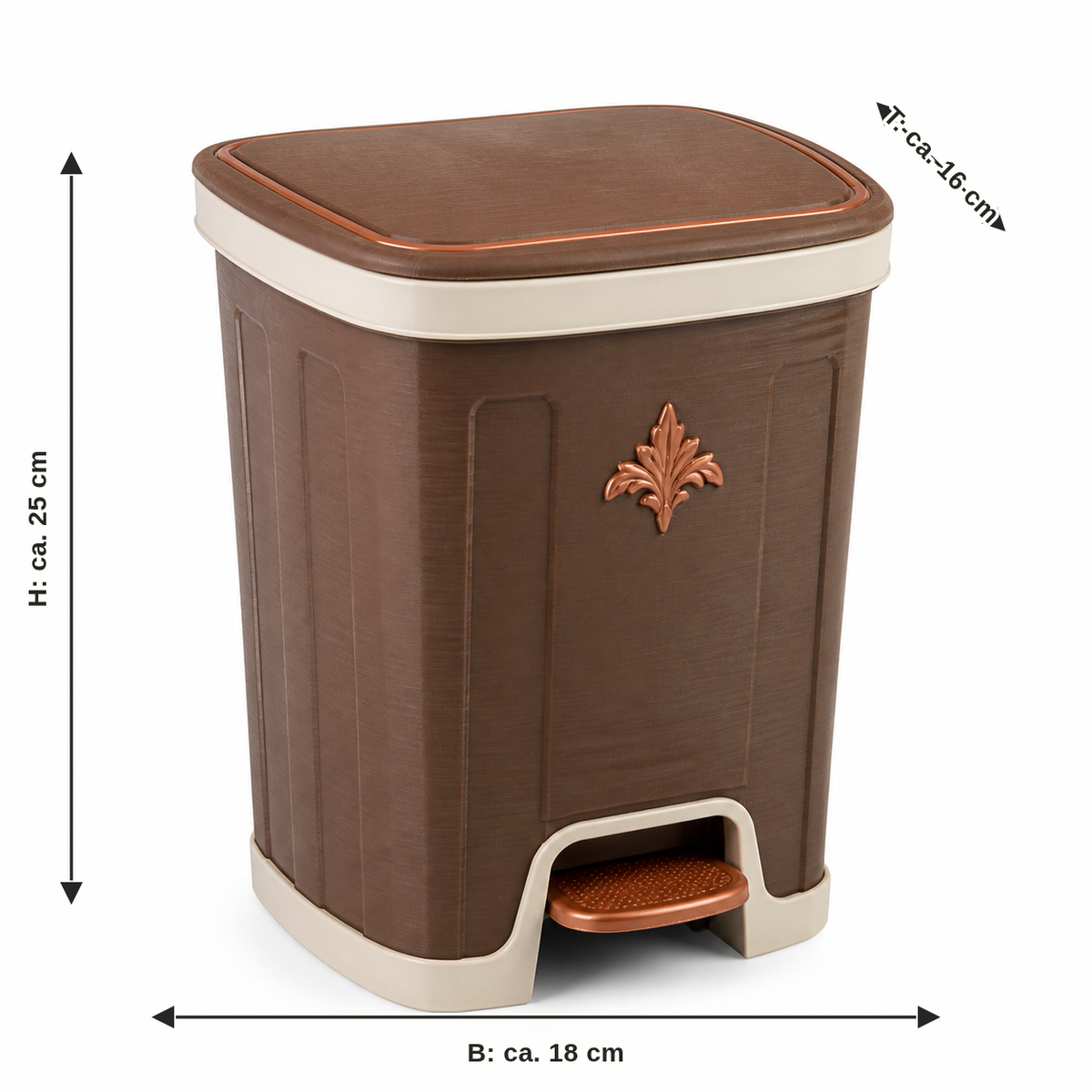 Measurement for pedal waste bin with leaf ornament: width approx. 18 cm, depth approx. 16 cm, height approx. 25 cm