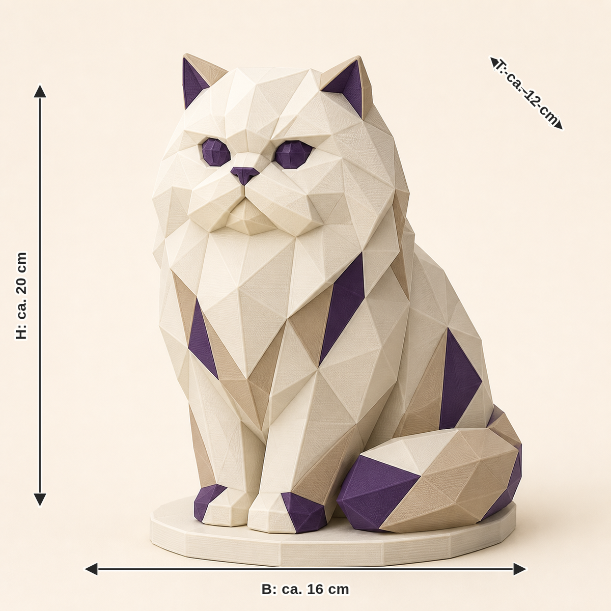 Maßbild für Perserkatze-Low-Poly-Skulptur Facettenfigur: Breite ca. 16 cm, Tiefe ca. 12 cm, Höhe ca. 20 cm