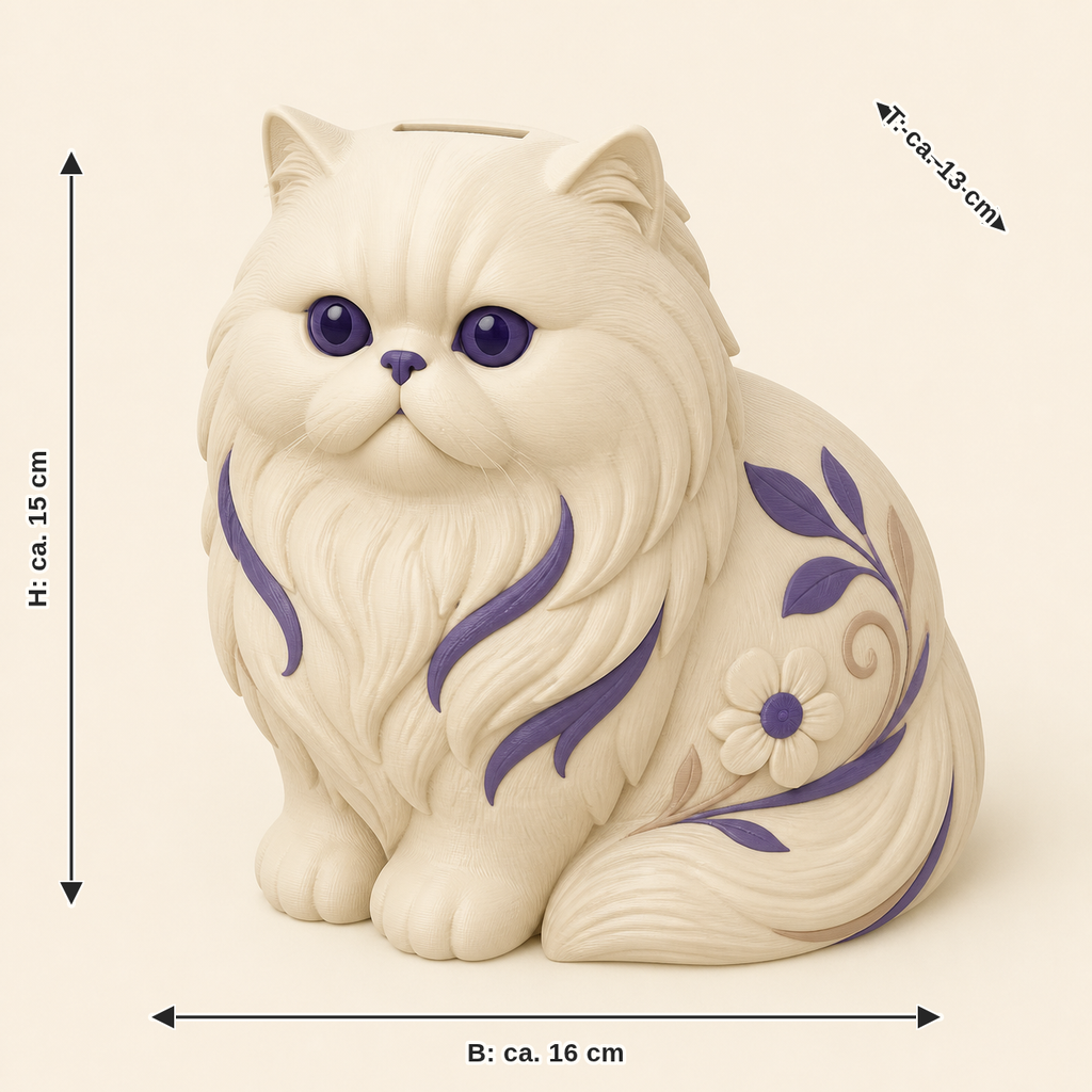 Maßbild für Perserkatze-Sparbüchse Spardose: Breite ca. 16 cm, Tiefe ca. 13 cm, Höhe ca. 15 cm