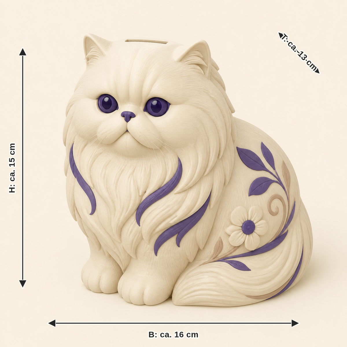 Maßbild für Perserkatze-Sparbüchse Spardose: Breite ca. 16 cm, Tiefe ca. 13 cm, Höhe ca. 15 cm