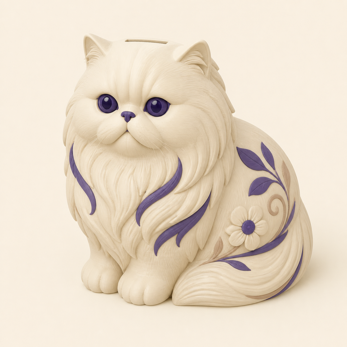 Perserkatze-Sparbüchse Spardose aus 3D-gedrucktem PETG in Knochenweiß, Sandbeige, Dunkelviolett