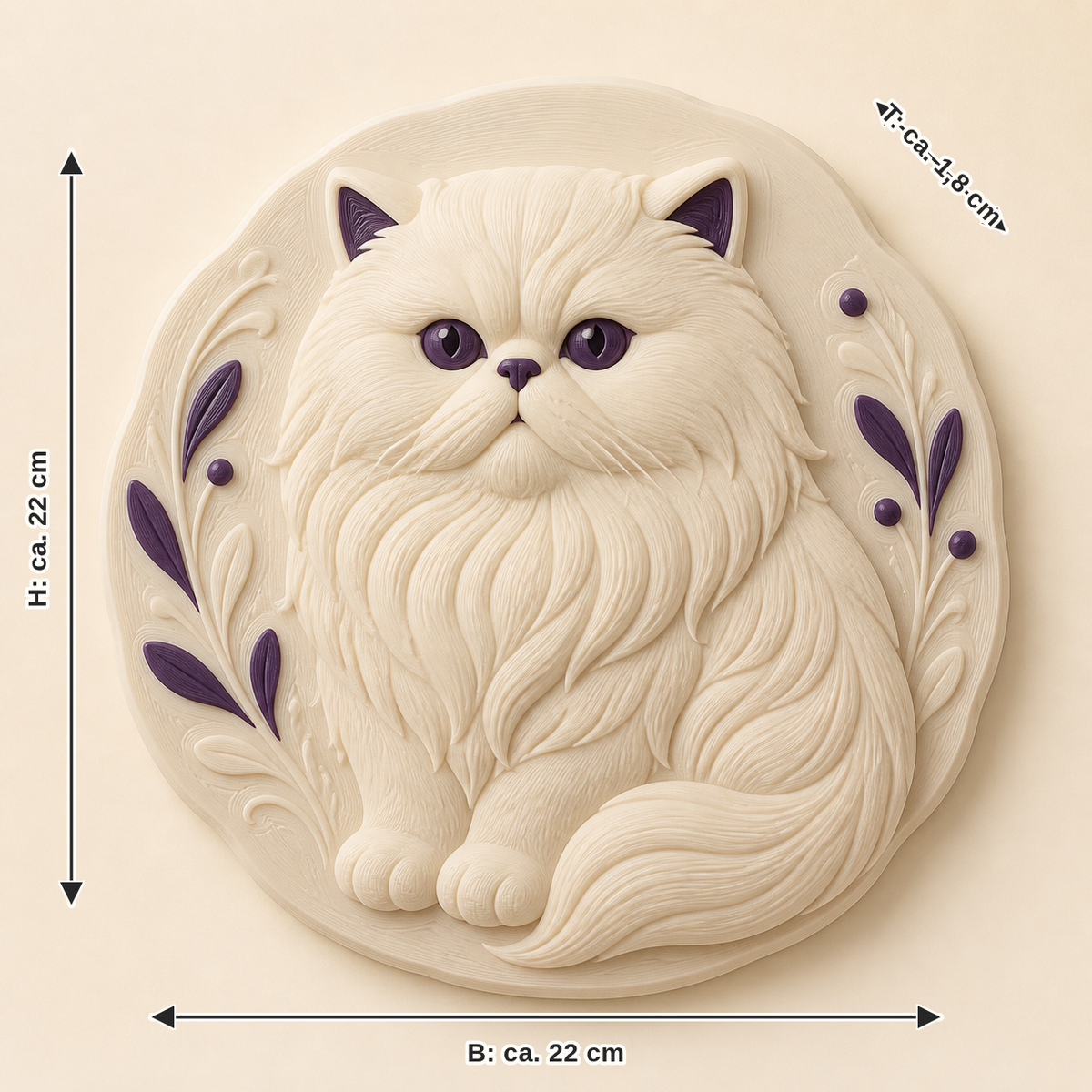 Maßbild für Perserkatze-Wandrelief Tierporträt: Breite ca. 22 cm, Tiefe ca. 1.8 cm, Höhe ca. 22 cm