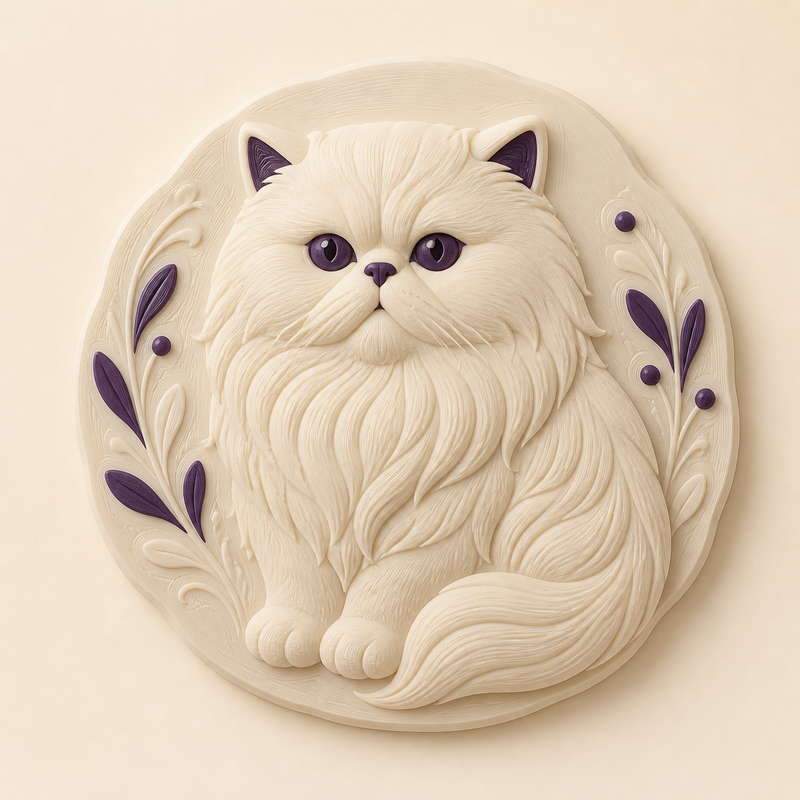 Perserkatze-Wandrelief Tierporträt aus 3D-gedrucktem PETG in Knochenweiß, Sandbeige, Dunkelviolett