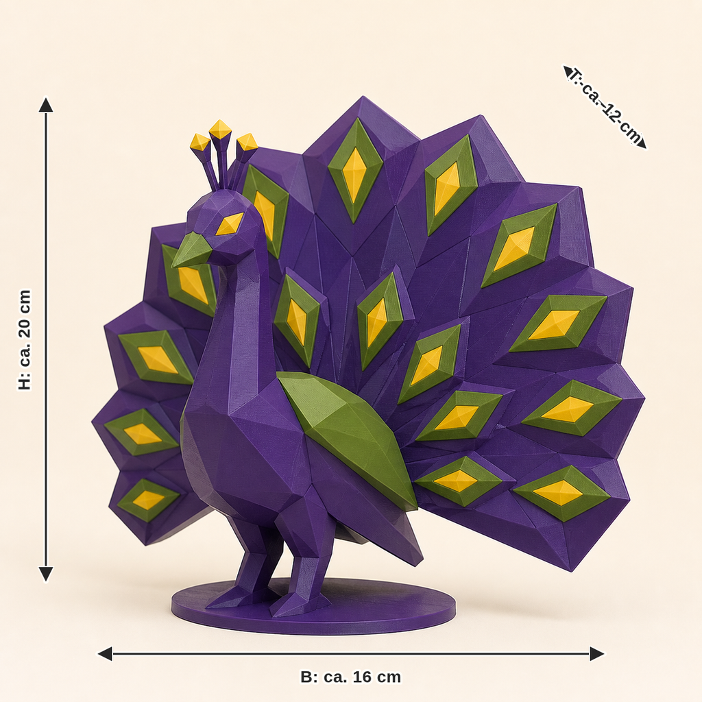 Maßbild für Pfau-Low-Poly-Skulptur Facettenfigur: Breite ca. 16 cm, Tiefe ca. 12 cm, Höhe ca. 20 cm