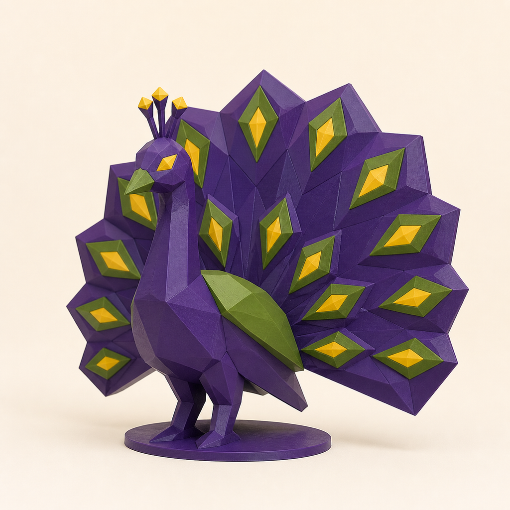 Pfau-Low-Poly-Skulptur Facettenfigur aus 3D-gedrucktem PETG in Dunkelviolett, Olivgrün, Ockergelb