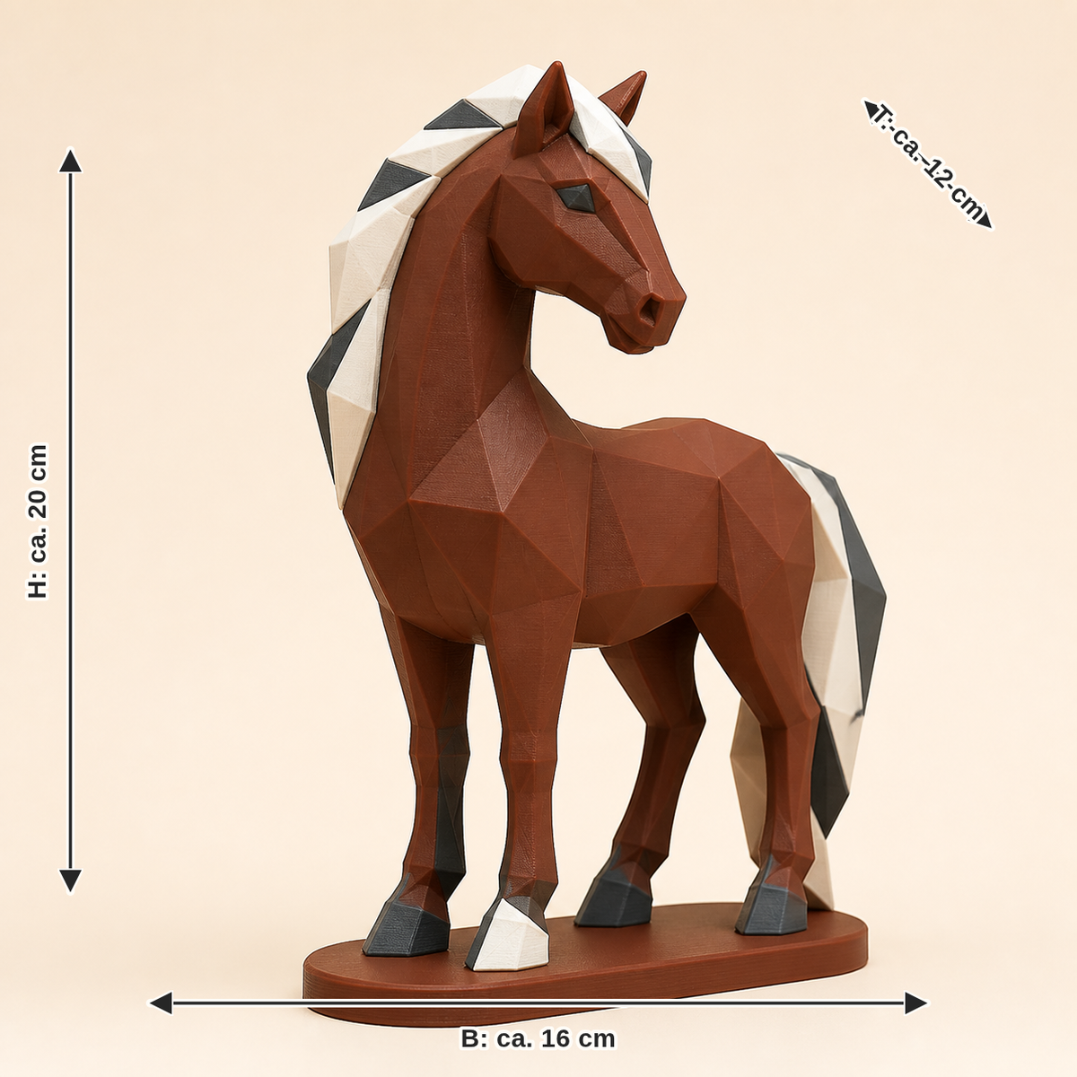 Maßbild für Pferd-Low-Poly-Skulptur Facettenfigur: Breite ca. 16 cm, Tiefe ca. 12 cm, Höhe ca. 20 cm