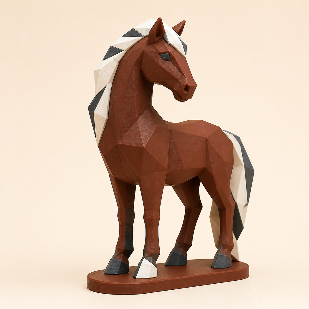 Pferd-Low-Poly-Skulptur Facettenfigur aus 3D-gedrucktem PETG in Kastanienbraun, Knochenweiß, Anthrazit