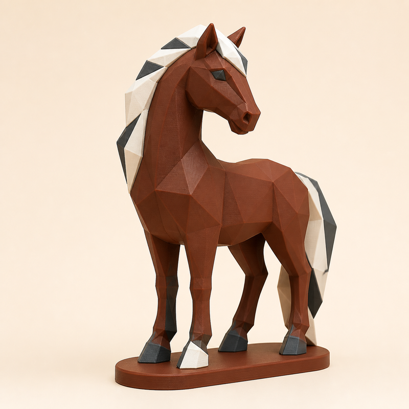 Pferd-Low-Poly-Skulptur Facettenfigur aus 3D-gedrucktem PETG in Kastanienbraun, Knochenweiß, Anthrazit