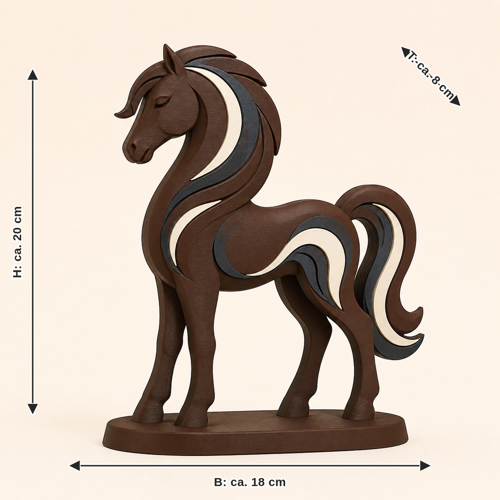 Maßbild für Pferd-Tischaufsteller Charakter-Aufsteller: Breite ca. 18 cm, Tiefe ca. 8 cm, Höhe ca. 20 cm