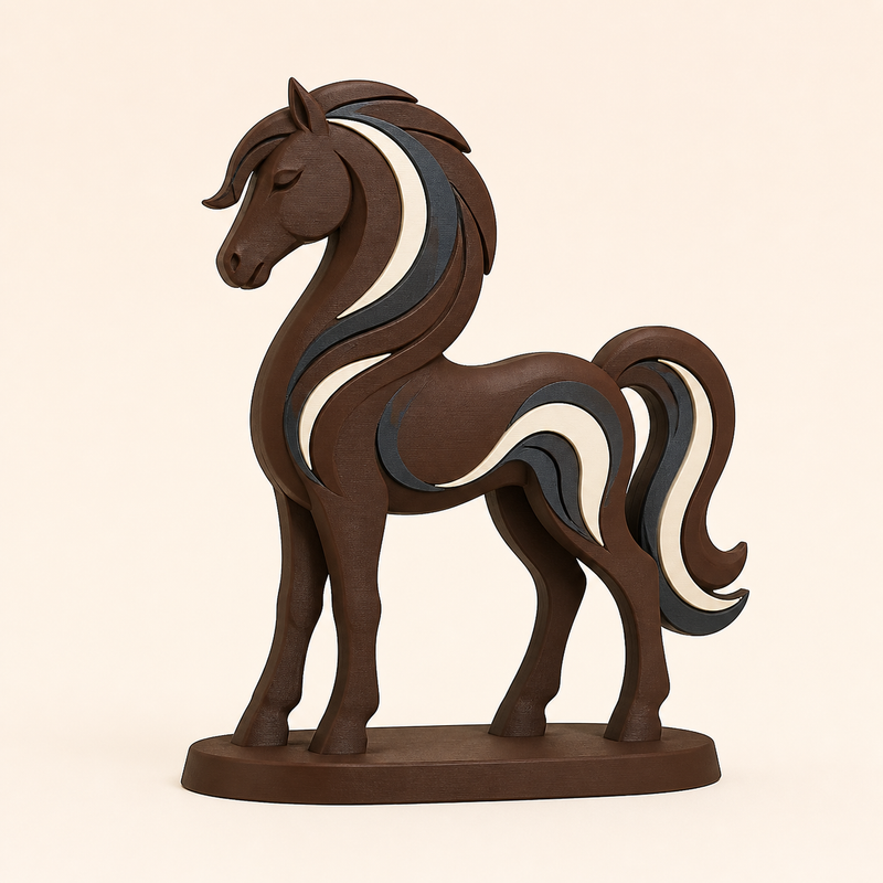 Pferd-Tischaufsteller Charakter-Aufsteller aus 3D-gedrucktem PETG in Kastanienbraun, Knochenweiß, Anthrazit
