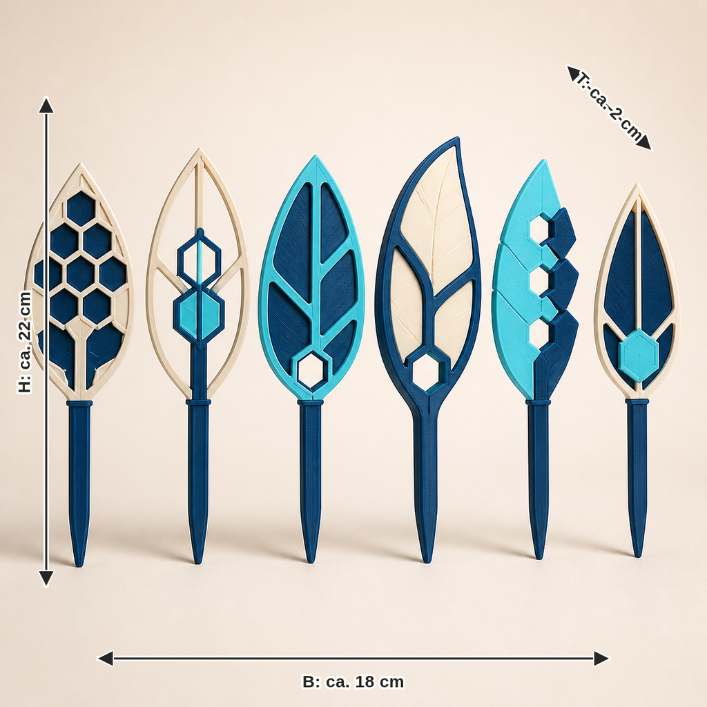 Measurement image for plant stake leaf sign – Futuristic: width approx. 18 cm, depth approx. 2 cm, height approx. 22 cm