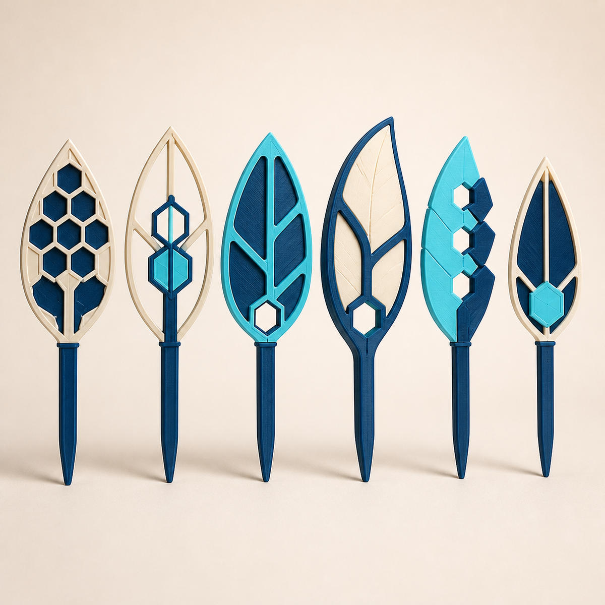 plant stake leaf sign in the style Futuristic from 3D-printed PETG in cream, dark blue, cyan