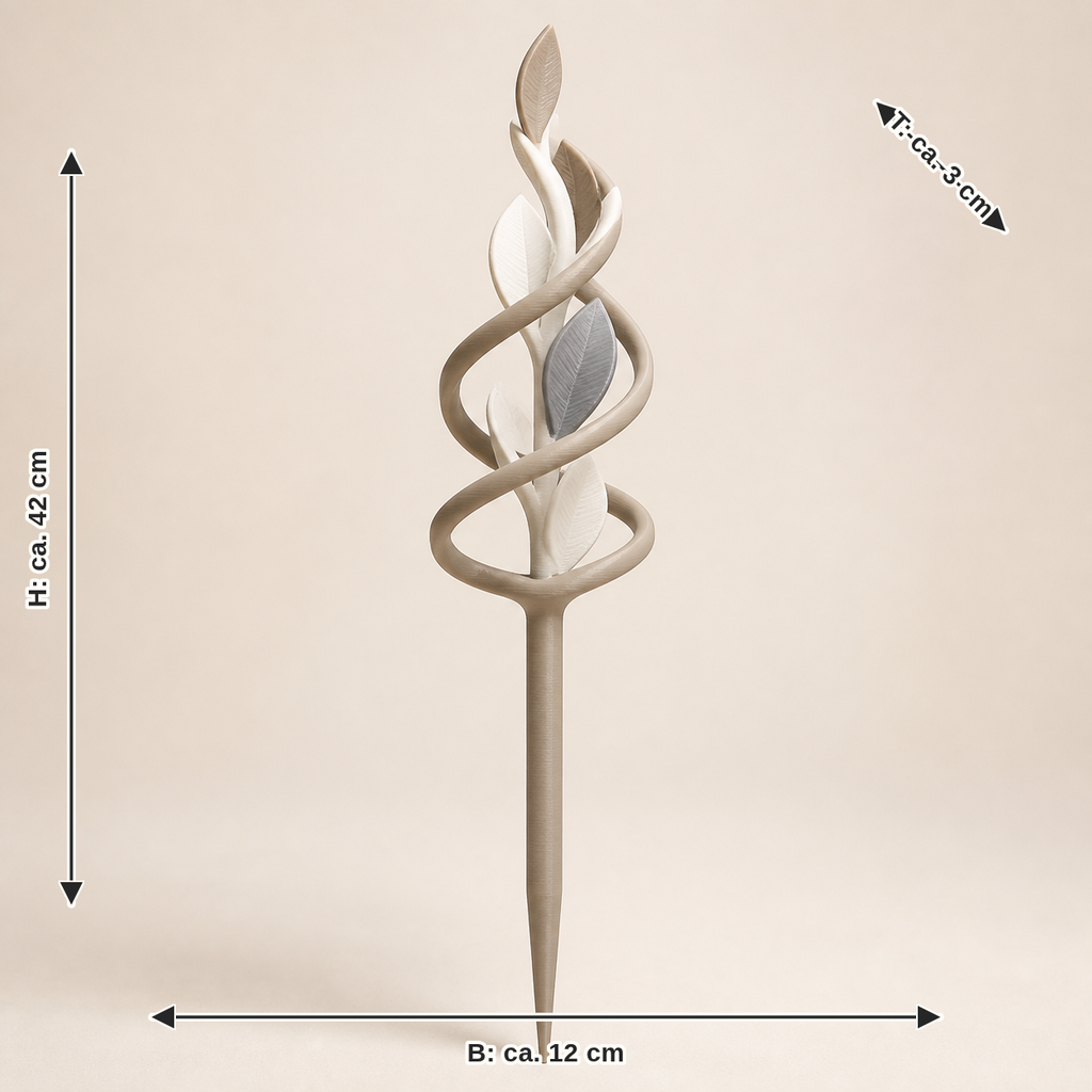 Maßbild für Pflanzenstecker Spiraltrieb – Minimalistisch: Breite ca. 12 cm, Tiefe ca. 3 cm, Höhe ca. 42 cm