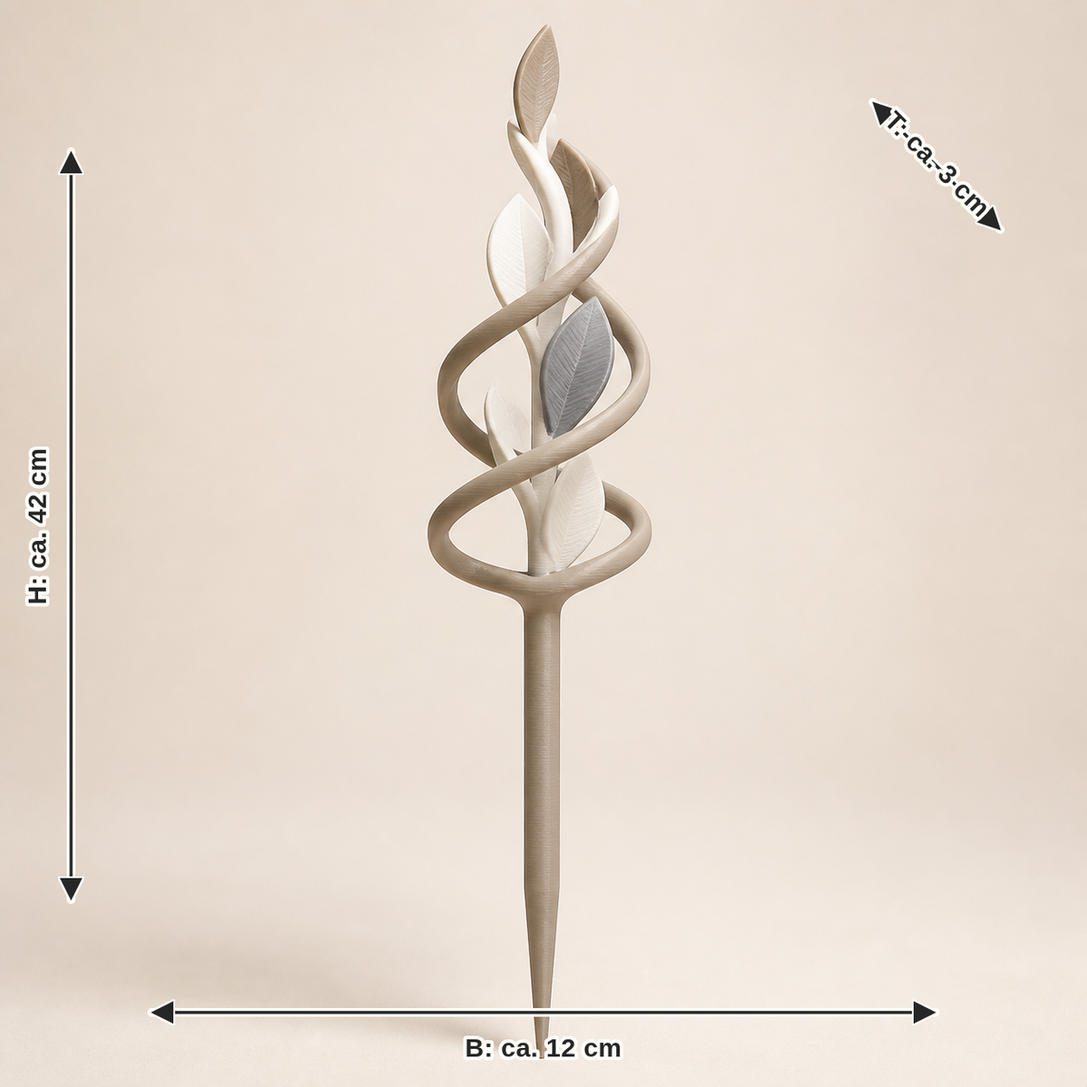 Maßbild für Pflanzenstecker Spiraltrieb – Minimalistisch: Breite ca. 12 cm, Tiefe ca. 3 cm, Höhe ca. 42 cm