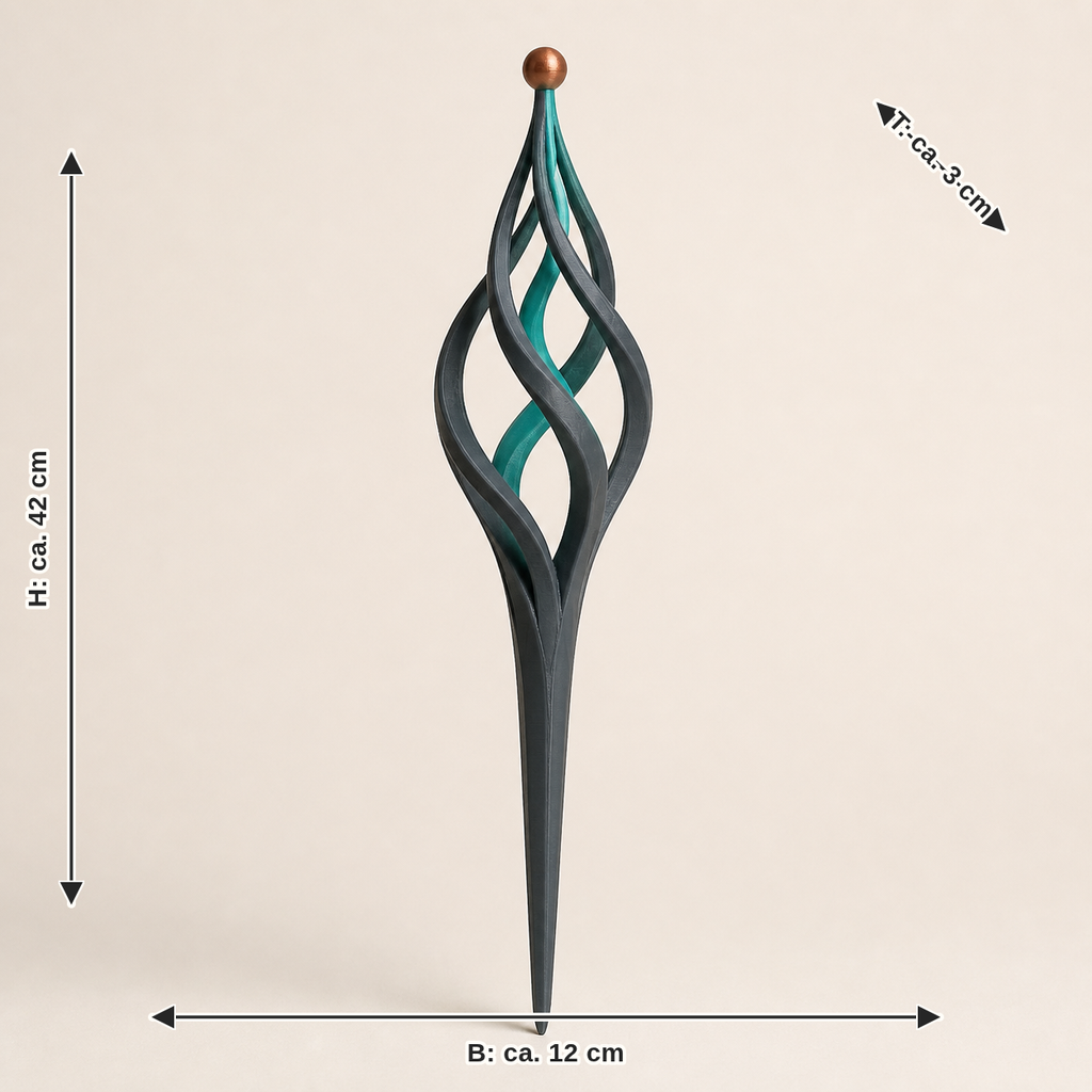 Maßbild für Pflanzenstecker Spiraltrieb – Modern: Breite ca. 12 cm, Tiefe ca. 3 cm, Höhe ca. 42 cm
