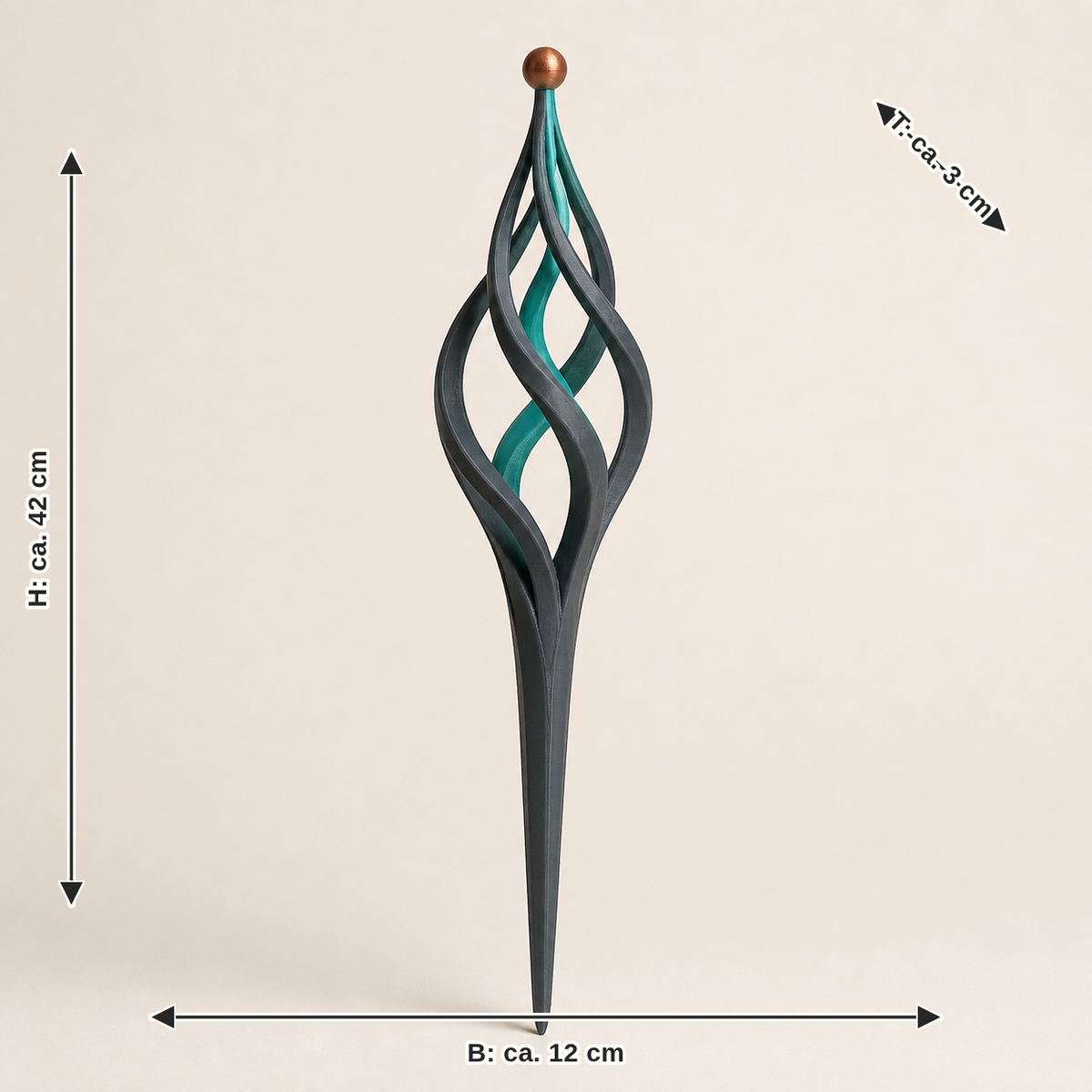 Maßbild für Pflanzenstecker Spiraltrieb – Modern: Breite ca. 12 cm, Tiefe ca. 3 cm, Höhe ca. 42 cm