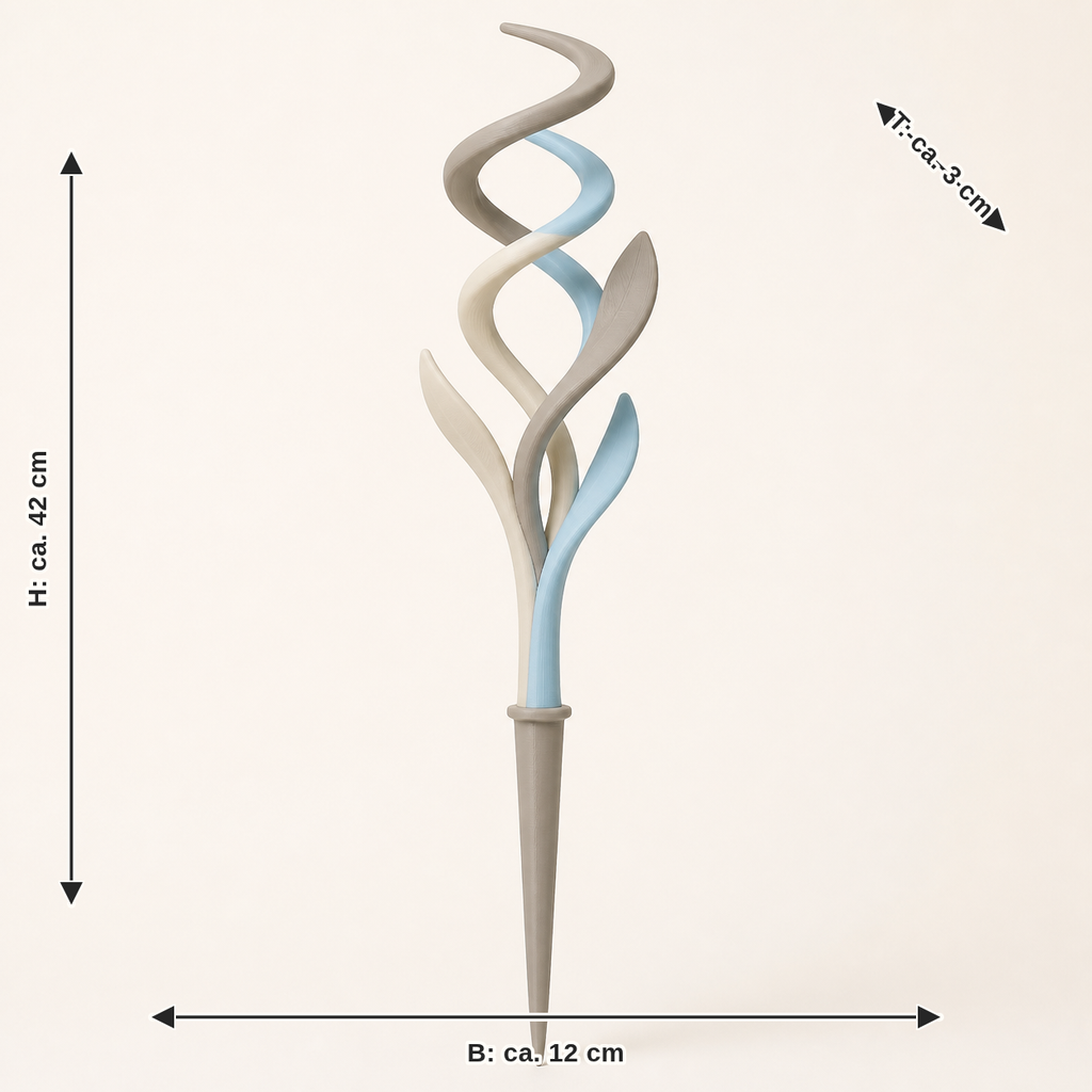 Maßbild für Pflanzenstecker Spiraltrieb – Still: Breite ca. 12 cm, Tiefe ca. 3 cm, Höhe ca. 42 cm