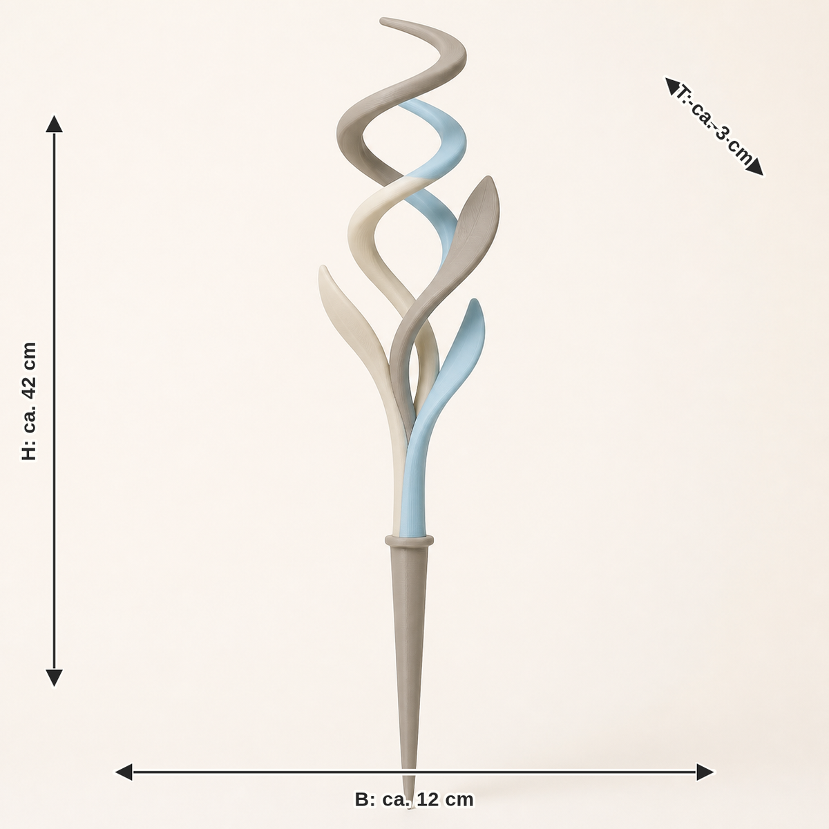 Maßbild für Pflanzenstecker Spiraltrieb – Still: Breite ca. 12 cm, Tiefe ca. 3 cm, Höhe ca. 42 cm