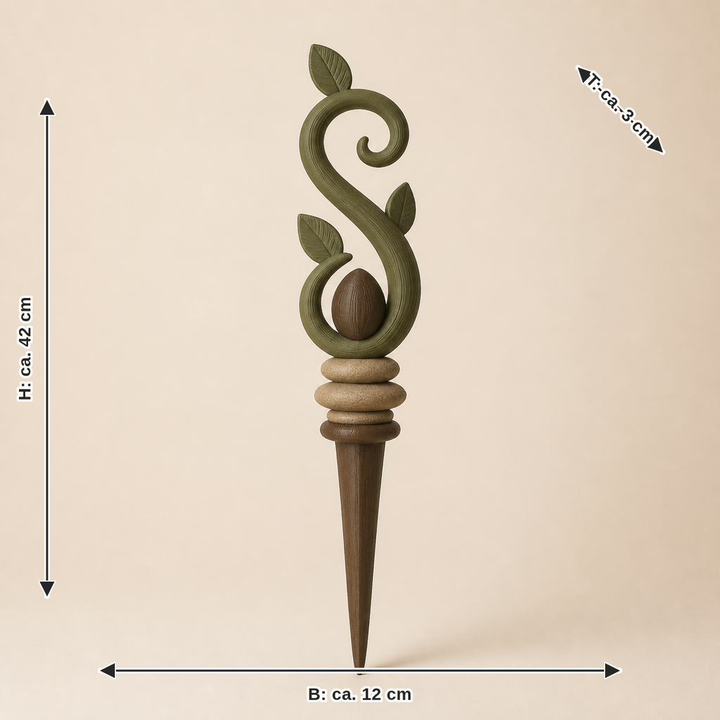 Maßbild für Pflanzenstecker Spiraltrieb – Urig: Breite ca. 12 cm, Tiefe ca. 3 cm, Höhe ca. 42 cm