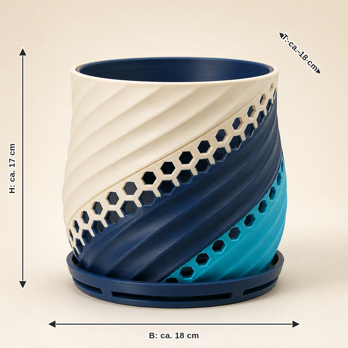 Dimensional image for planter source form – Futuristic: width about 18 cm, depth about 18 cm, height about 17 cm