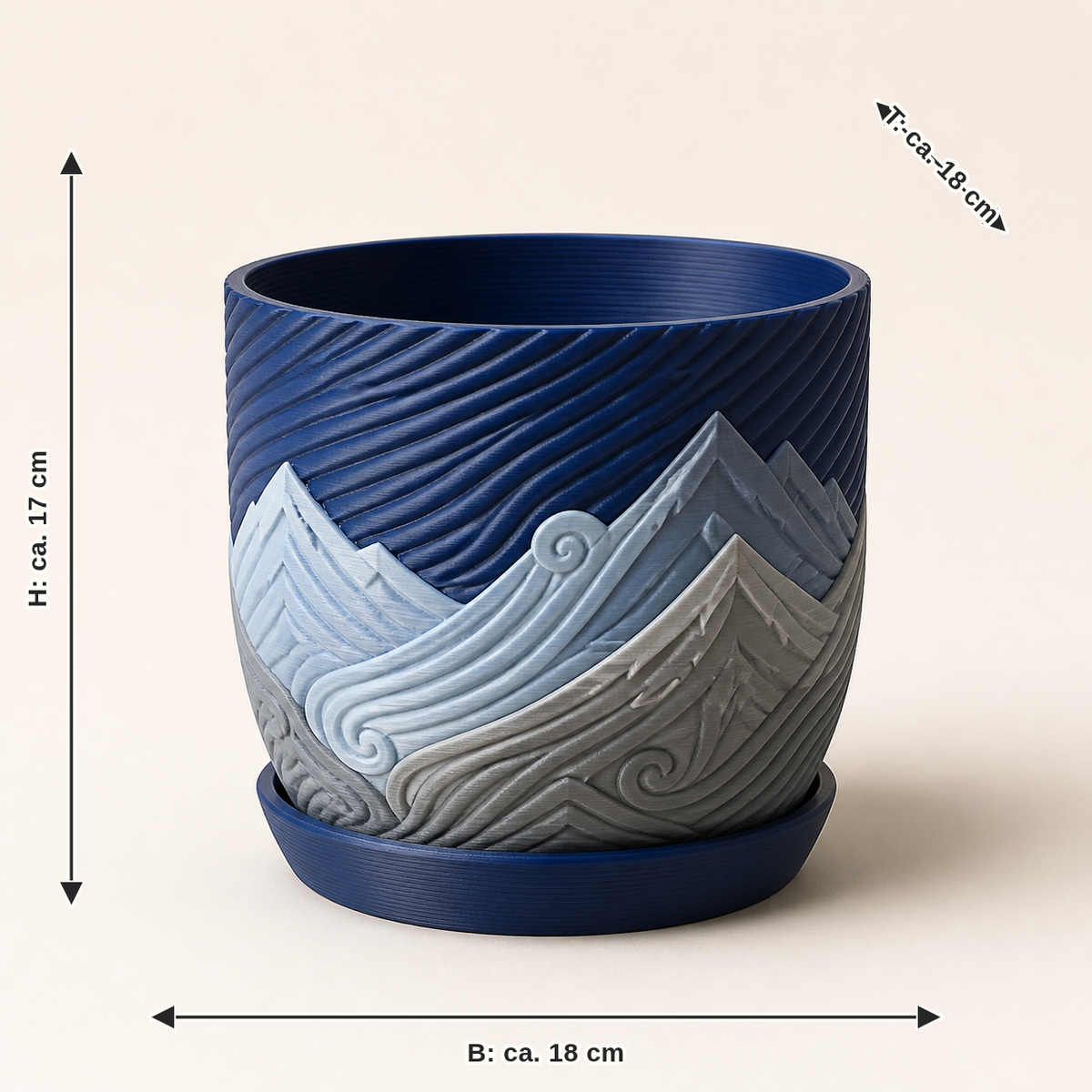 Maßbild für Pflanzgefäß Quellform – Nordisch & Mythisch: Breite ca. 18 cm, Tiefe ca. 18 cm, Höhe ca. 17 cm