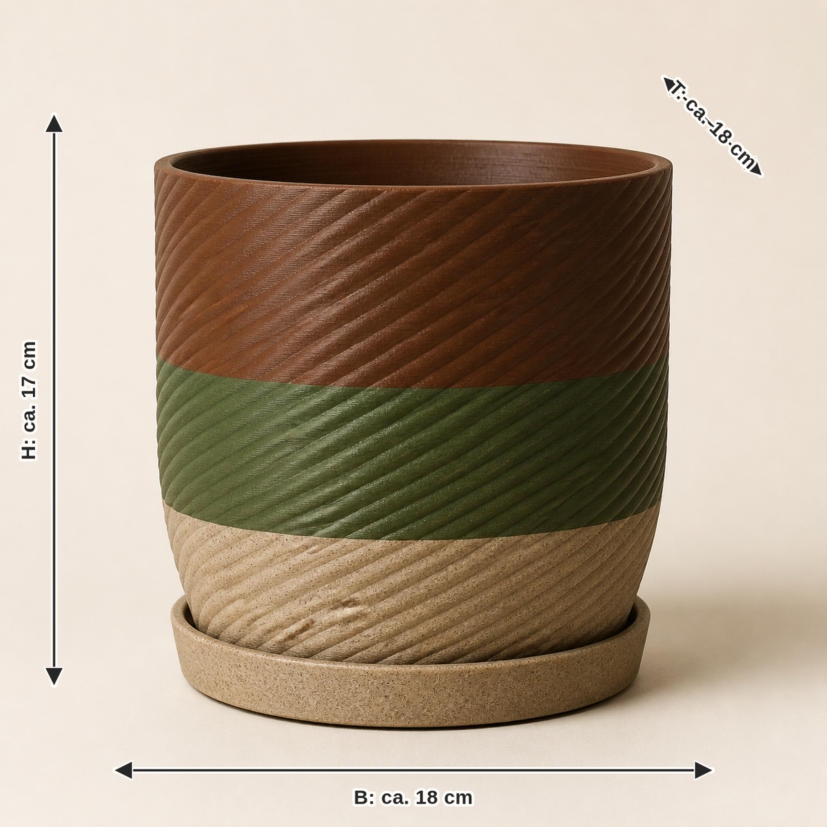 Dimensional image for planter source form – Rustic: width about 18 cm, depth about 18 cm, height about 17 cm