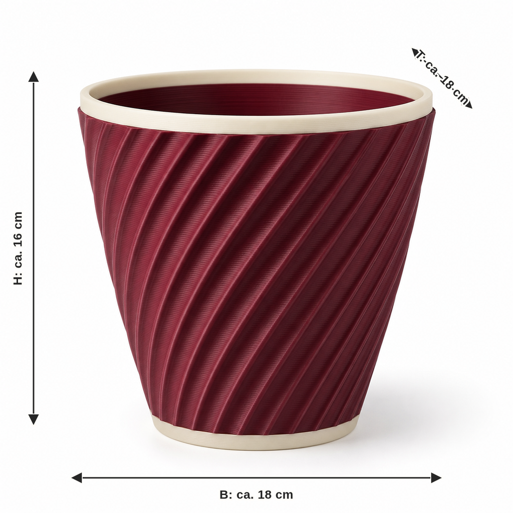 Dimensional image for planter Bordeaux grooves: width about 18 cm, depth about 18 cm, height about 16 cm
