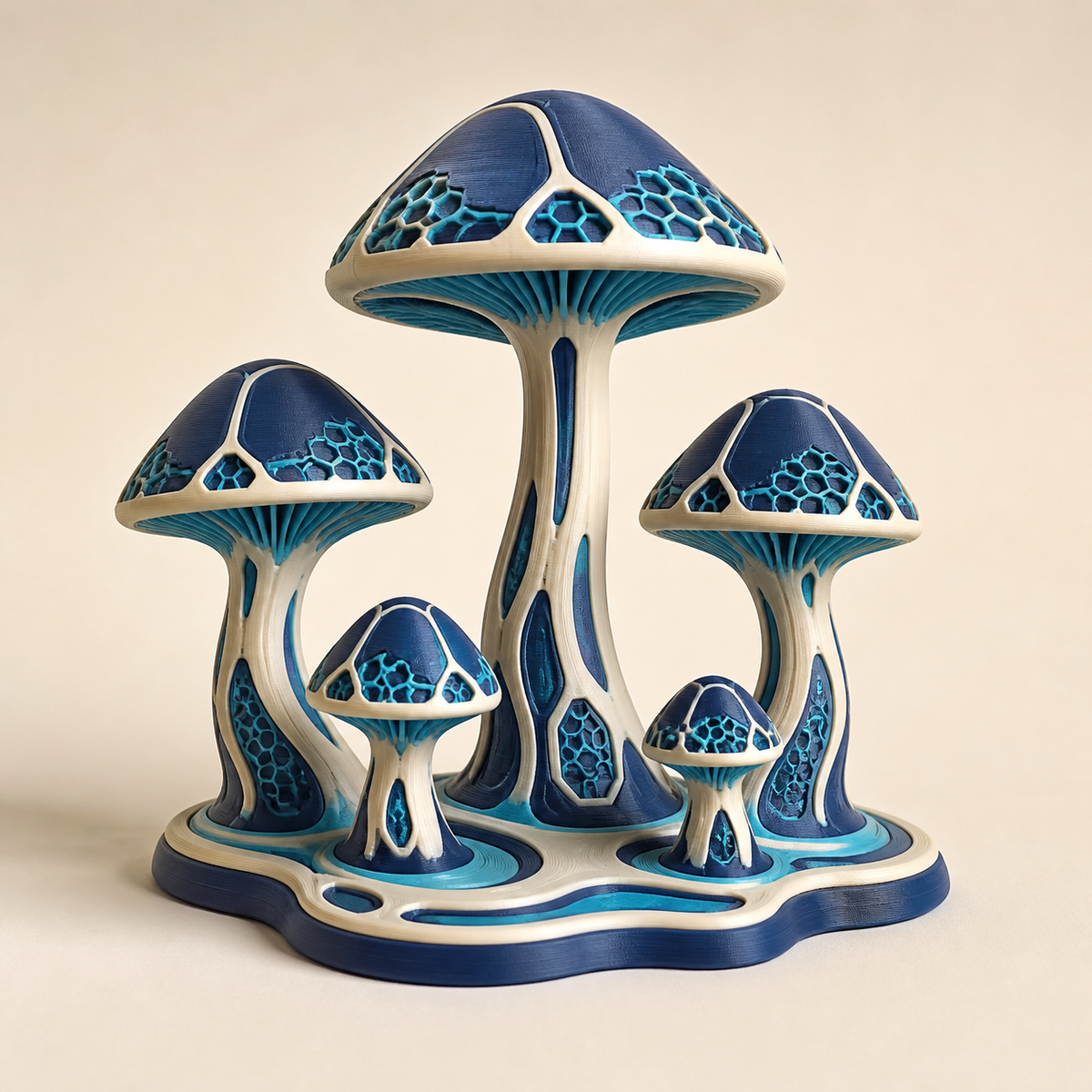 Pilzgruppe Mooshain im Stil Futuristisch aus 3D-gedrucktem PETG in Creme, Dunkelblau, Cyan