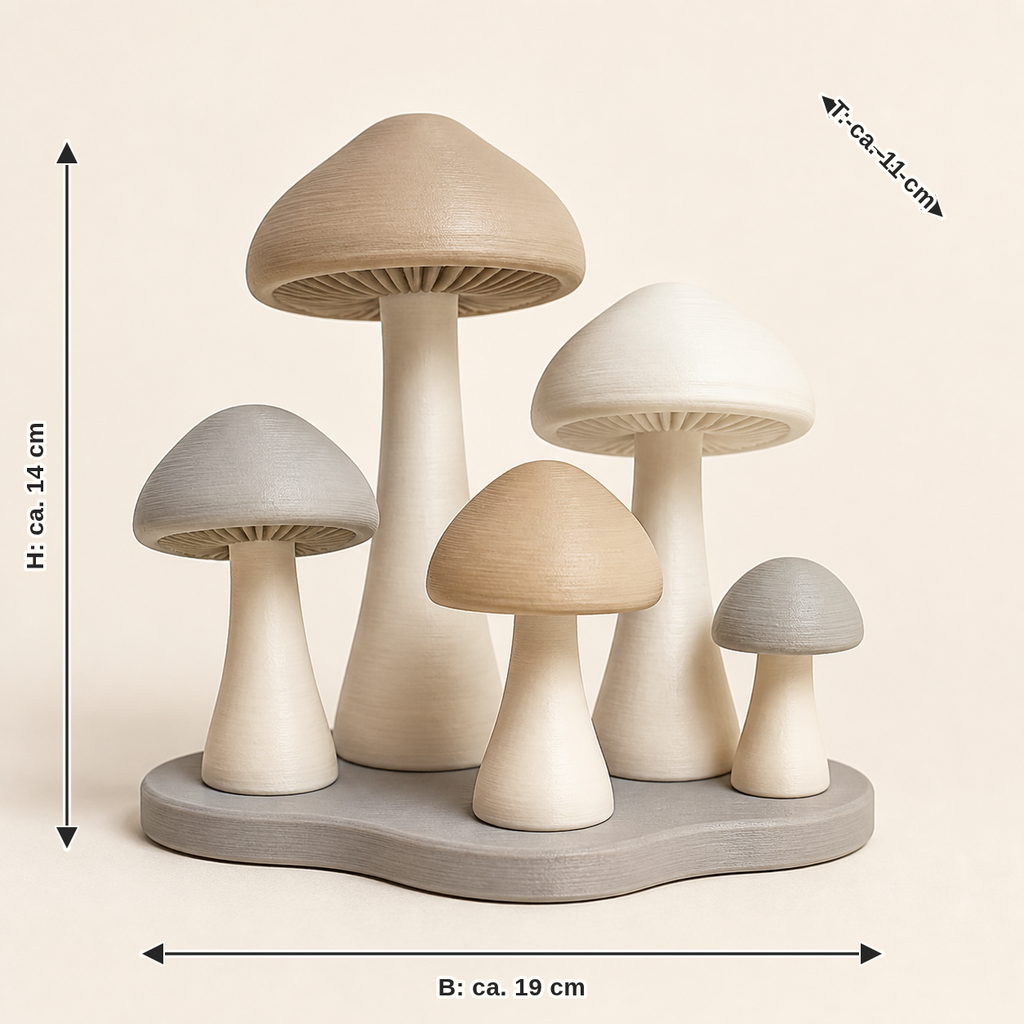 Maßbild für Pilzgruppe Mooshain – Minimalistisch: Breite ca. 19 cm, Tiefe ca. 11 cm, Höhe ca. 14 cm