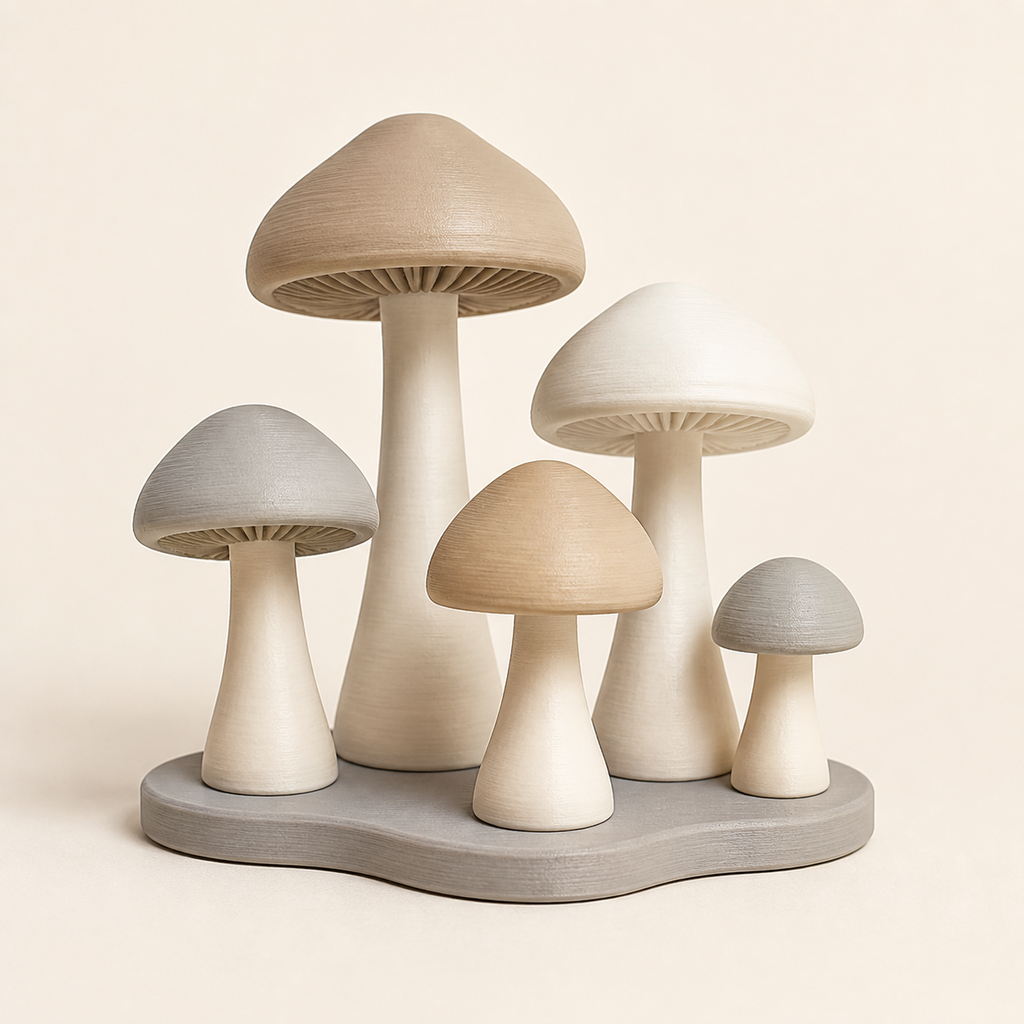 Pilzgruppe Mooshain im Stil Minimalistisch aus 3D-gedrucktem PETG in Sand, Warmweiß, Grau