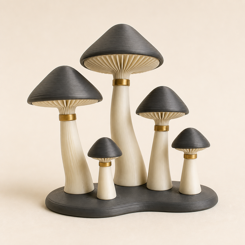 Pilzgruppe Mooshain im Stil Zeitlos aus 3D-gedrucktem PETG in Elfenbein, Graphit, Messing