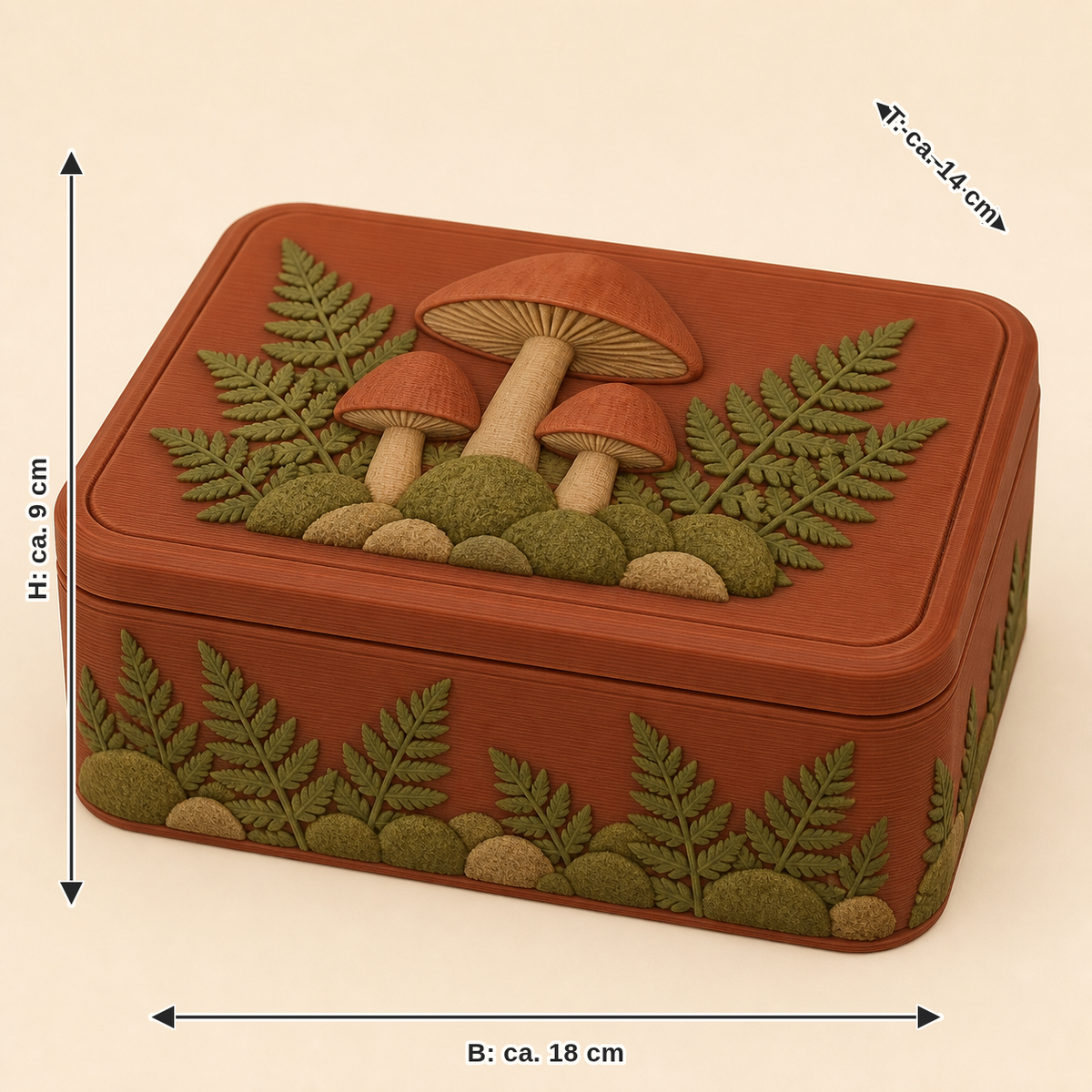 Maßbild für Pilzwald-Aufbewahrungsbox Moosbox: Breite ca. 18 cm, Tiefe ca. 14 cm, Höhe ca. 9 cm